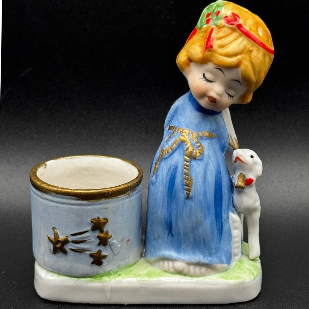 Vintage 1978 JASCO Christmas Luvkins Angel Lamb Porcelain Votive Candle Holder
